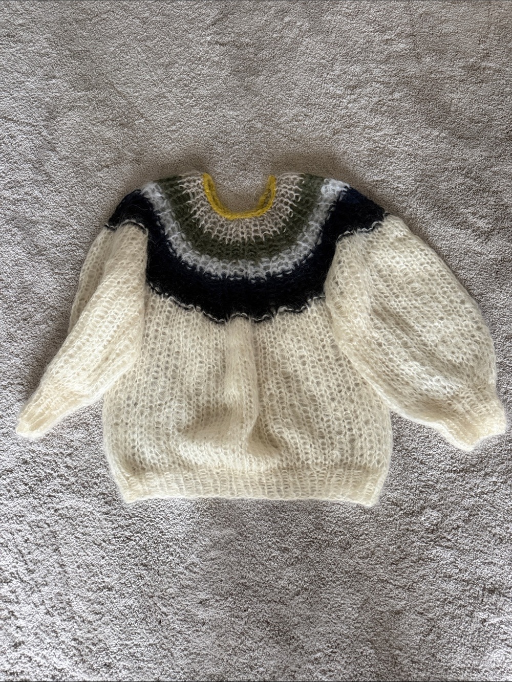 Cream Mohair-Blend Crewneck Sweater with Green & Black Yoke